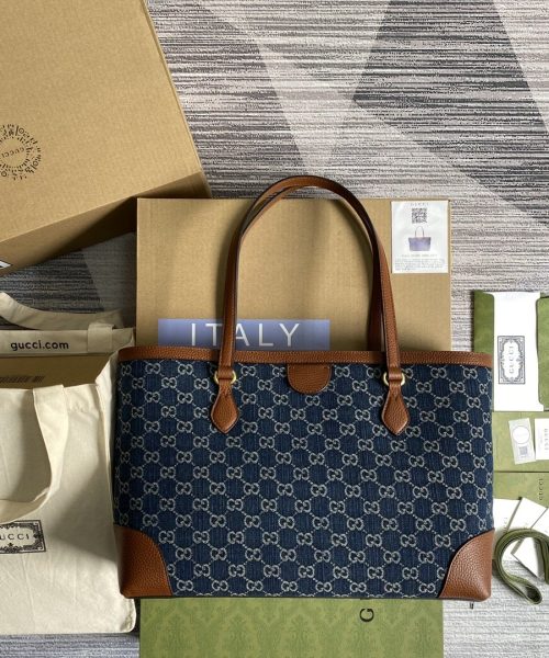 1:1 Replica Gucci Ophidia GG Medium Tote Dark Blue And Ivory Eco Washed Organic GG Jacquard Denim  For Women 15in/38cm GG ‎631685 2KQGG 8375