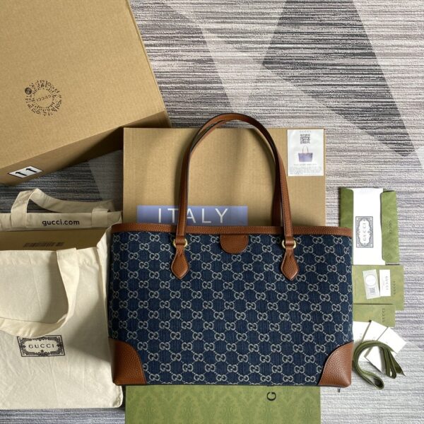 1:1 Replica Gucci Ophidia GG Medium Tote Dark Blue And Ivory Eco Washed Organic GG Jacquard Denim  For Women 15in/38cm GG ‎631685 2KQGG 8375