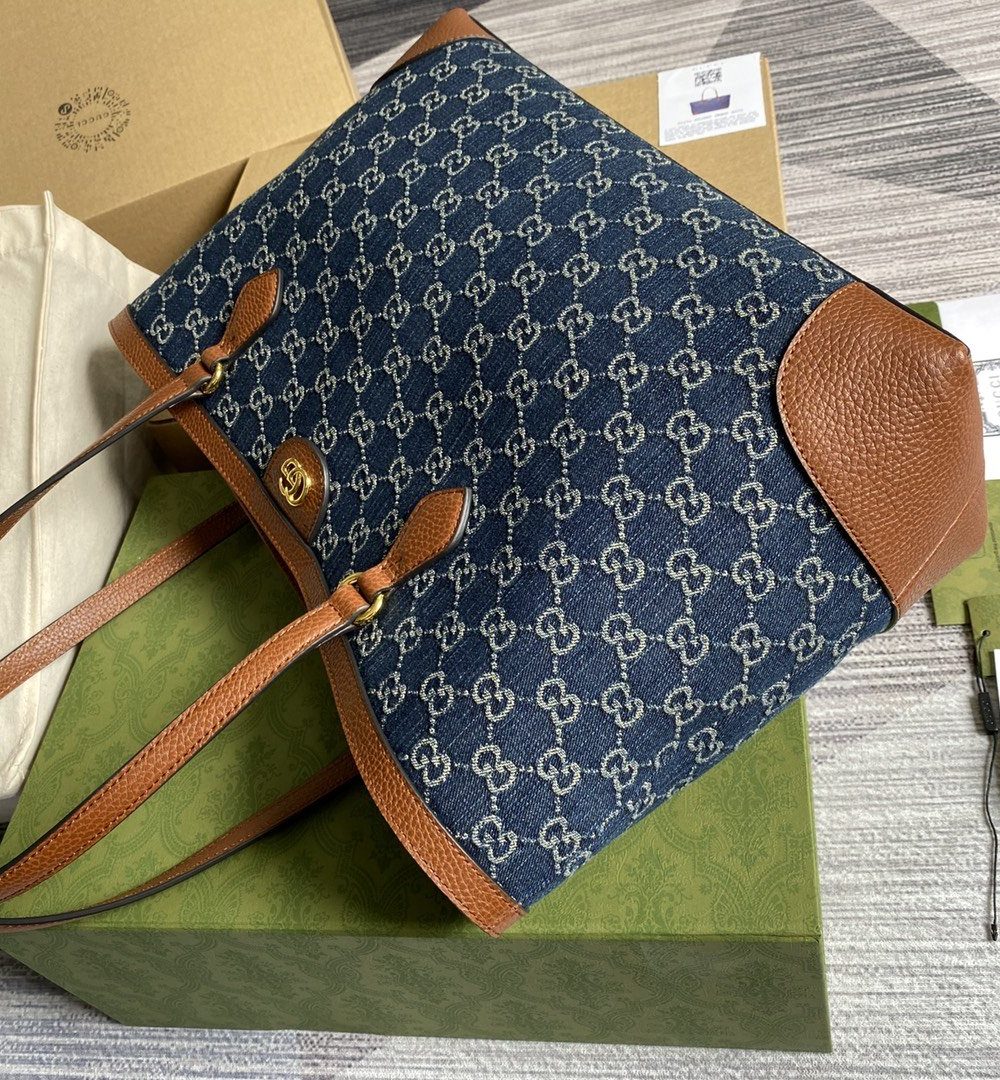 1:1 Replica Gucci Ophidia GG Medium Tote Dark Blue And Ivory Eco Washed Organic GG Jacquard Denim  For Women 15in/38cm GG ‎631685 2KQGG 8375