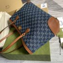 1:1 Replica Gucci Ophidia GG Medium Tote Dark Blue And Ivory Eco Washed Organic GG Jacquard Denim  For Women 15in/38cm GG ‎631685 2KQGG 8375