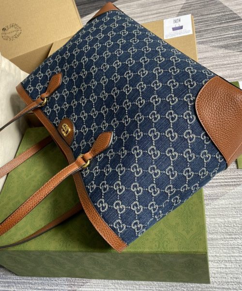 1:1 Replica Gucci Ophidia GG Medium Tote Dark Blue And Ivory Eco Washed Organic GG Jacquard Denim  For Women 15in/38cm GG ‎631685 2KQGG 8375