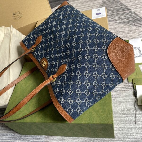 1:1 Replica Gucci Ophidia GG Medium Tote Dark Blue And Ivory Eco Washed Organic GG Jacquard Denim  For Women 15in/38cm GG ‎631685 2KQGG 8375