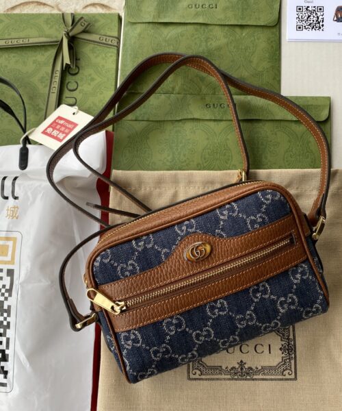 1:1 Replica Gucci Ophidia GG Mini Bag Dark Blue And Ivory Eco Washed Organic GG Jacquard Denim For Women 7in/17.5cm GG 517350 2KQGG 8375