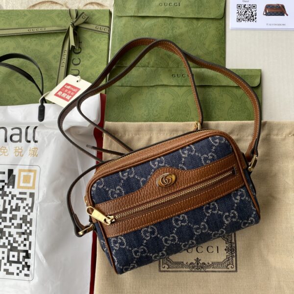 1:1 Replica Gucci Ophidia GG Mini Bag Dark Blue And Ivory Eco Washed Organic GG Jacquard Denim For Women 7in/17.5cm GG 517350 2KQGG 8375