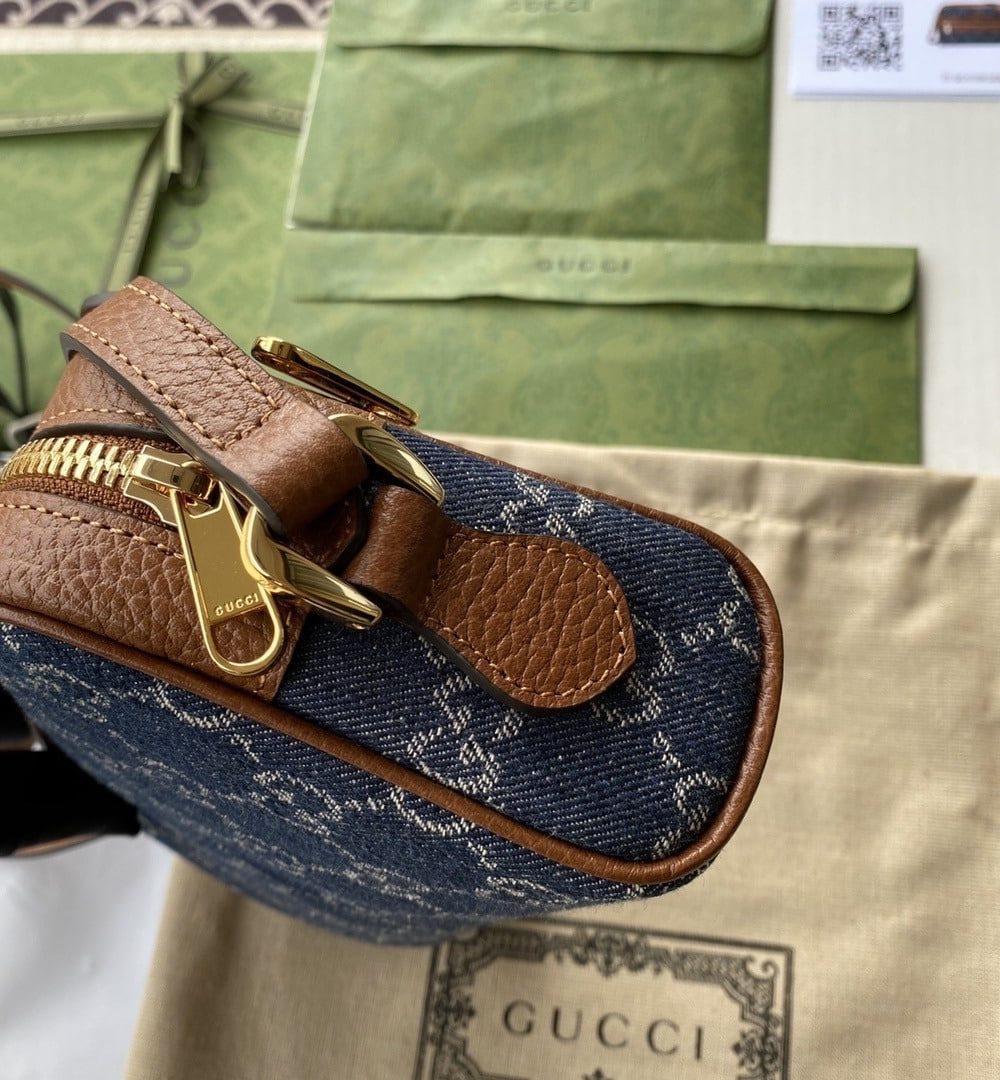 1:1 Replica Gucci Ophidia GG Mini Bag Dark Blue And Ivory Eco Washed Organic GG Jacquard Denim For Women 7in/17.5cm GG 517350 2KQGG 8375