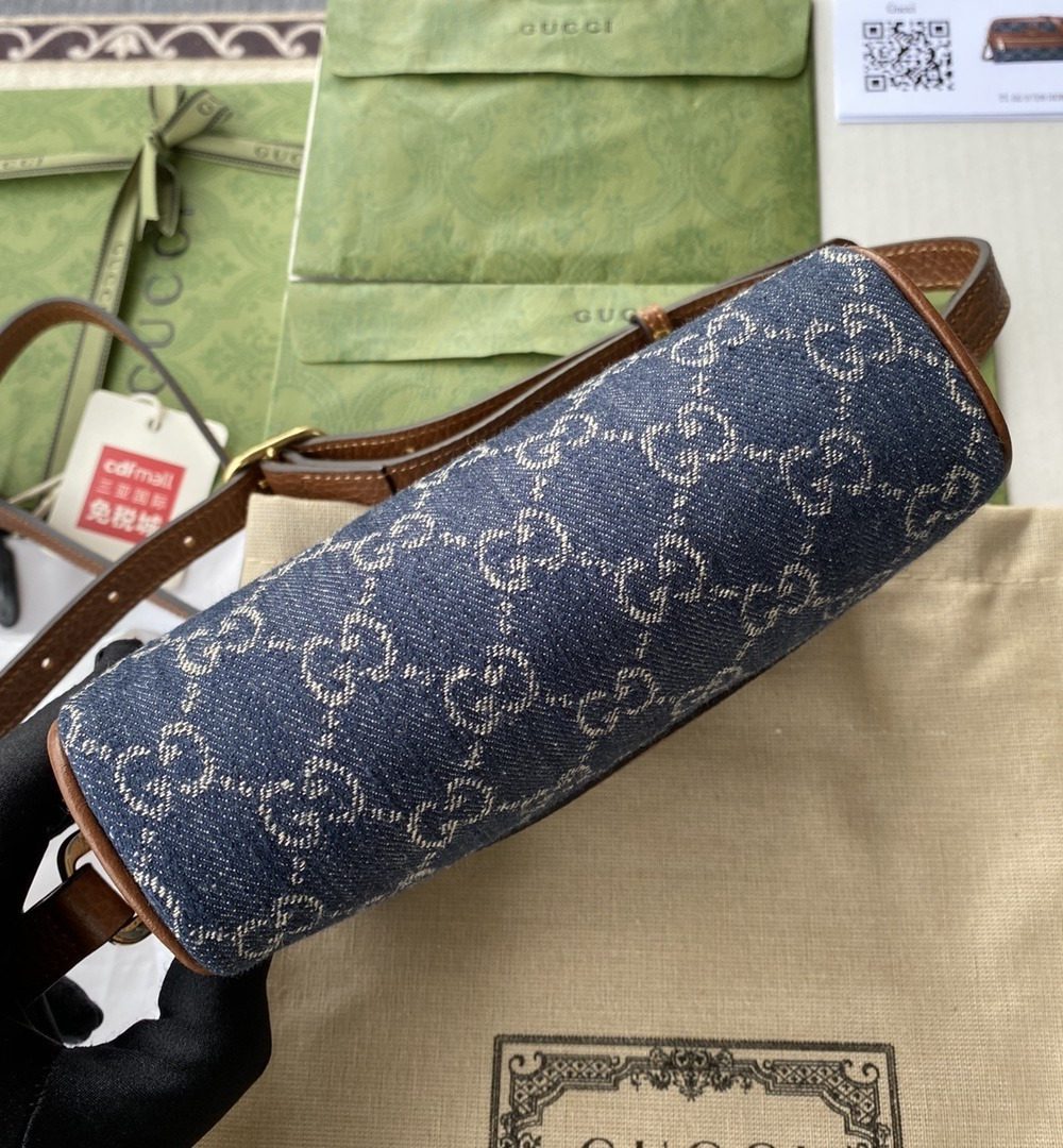 1:1 Replica Gucci Ophidia GG Mini Bag Dark Blue And Ivory Eco Washed Organic GG Jacquard Denim For Women 7in/17.5cm GG 517350 2KQGG 8375