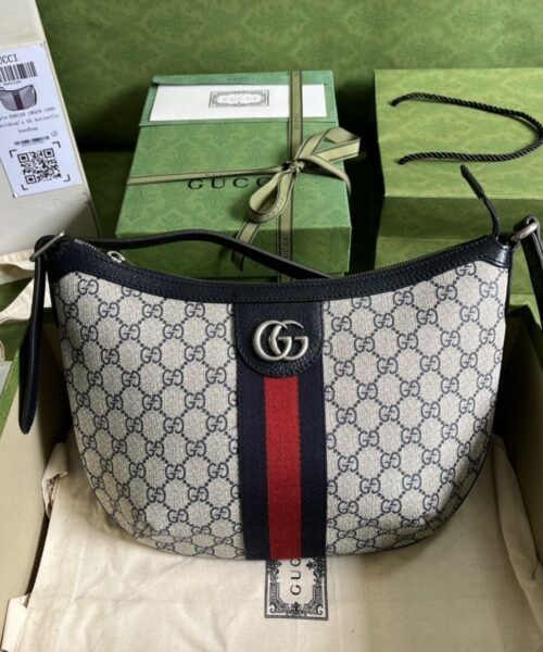 1:1 Replica Gucci Ophidia GG Small Shoulder Bag Beige And Blue GG Supreme Canvas For Women 12in/30cm 598125 2ZGMN 4076