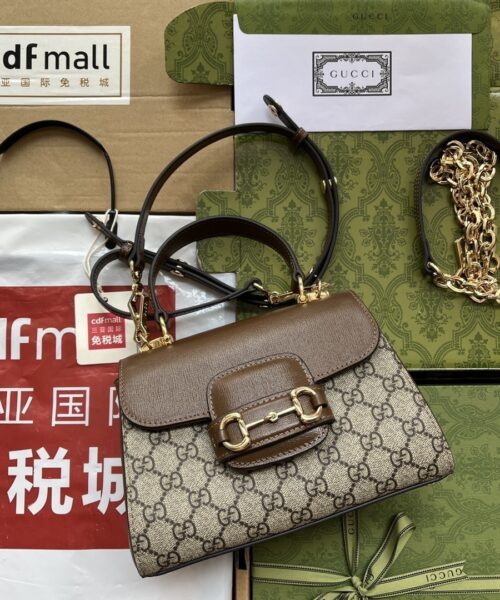 1:1 Replica Gucci Ophidia Gucci Horsebit 1955 Mini Bag Light Brown And Beige For Women, Women's Bags 8.6in/22cm GG 703848 9AAAJ 8563