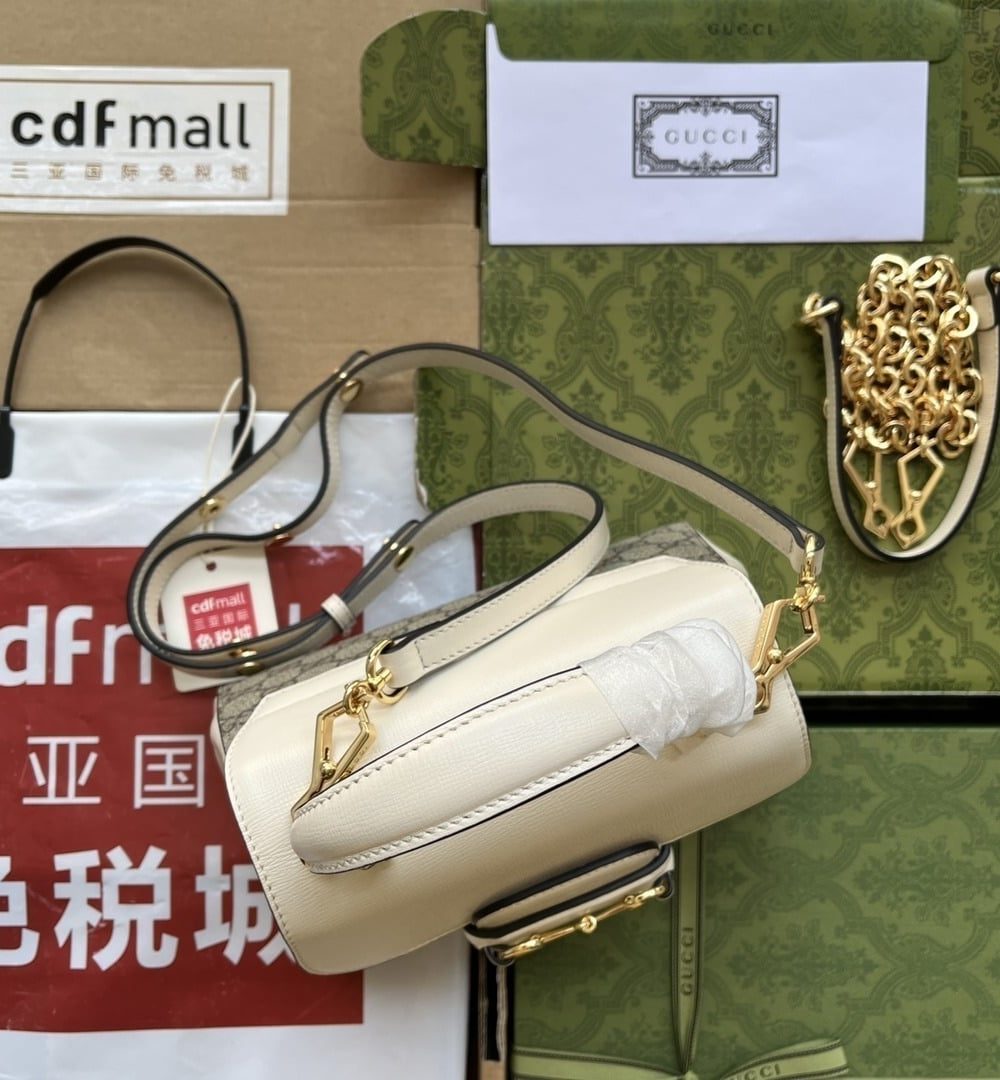 1:1 Replica Gucci Ophidia Gucci Horsebit 1955 Mini Bag White And Beige For Women, Women's Bags 8.6in/22cm GG