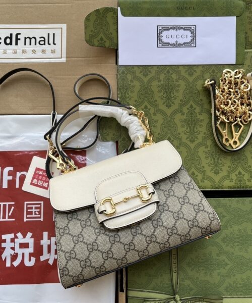 1:1 Replica Gucci Ophidia Gucci Horsebit 1955 Mini Bag White And Beige For Women, Women's Bags 8.6in/22cm GG