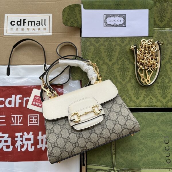 1:1 Replica Gucci Ophidia Gucci Horsebit 1955 Mini Bag White And Beige For Women, Women's Bags 8.6in/22cm GG