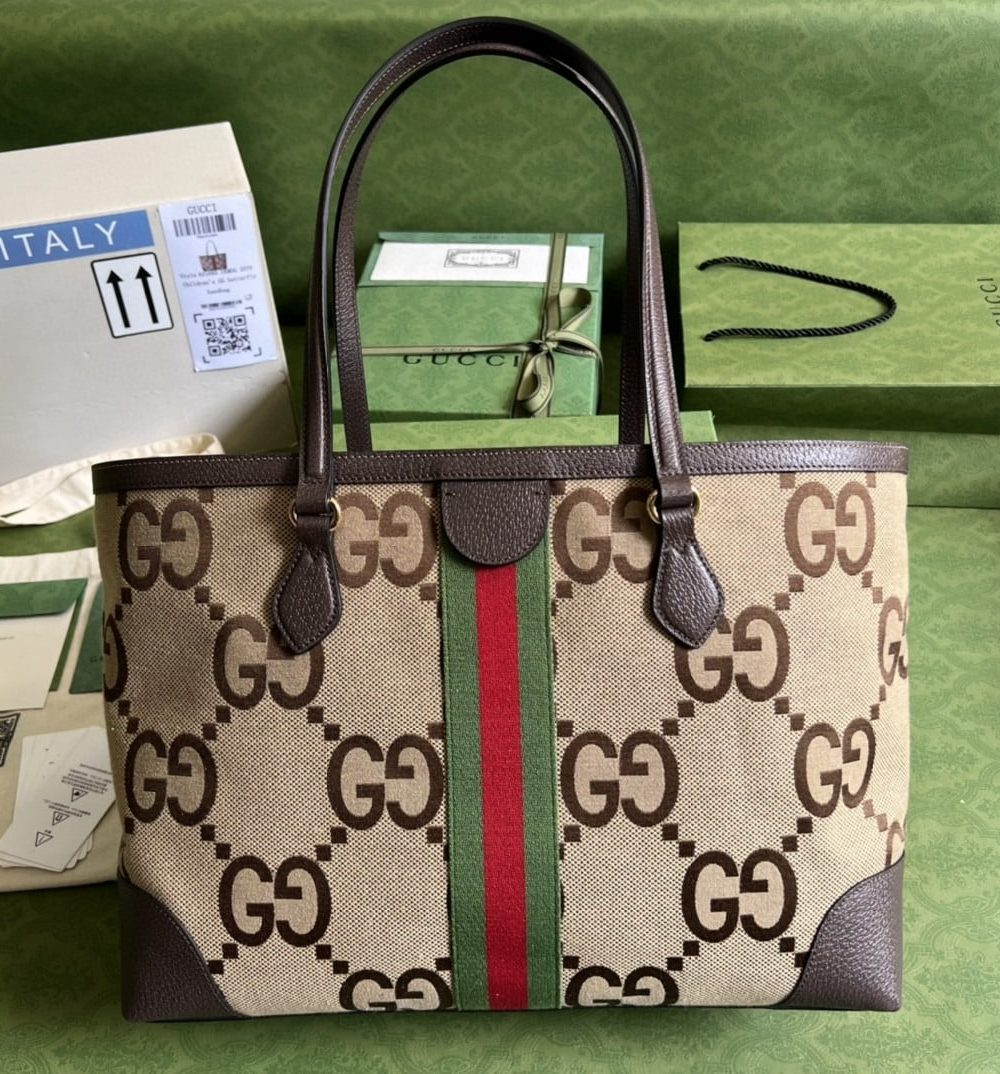 1:1 Replica Gucci Ophidia Jumbo GG Medium Tote Camel And Ebony Jumbo Canvas For Women 15in/38cm 631685 UKMDG 2570