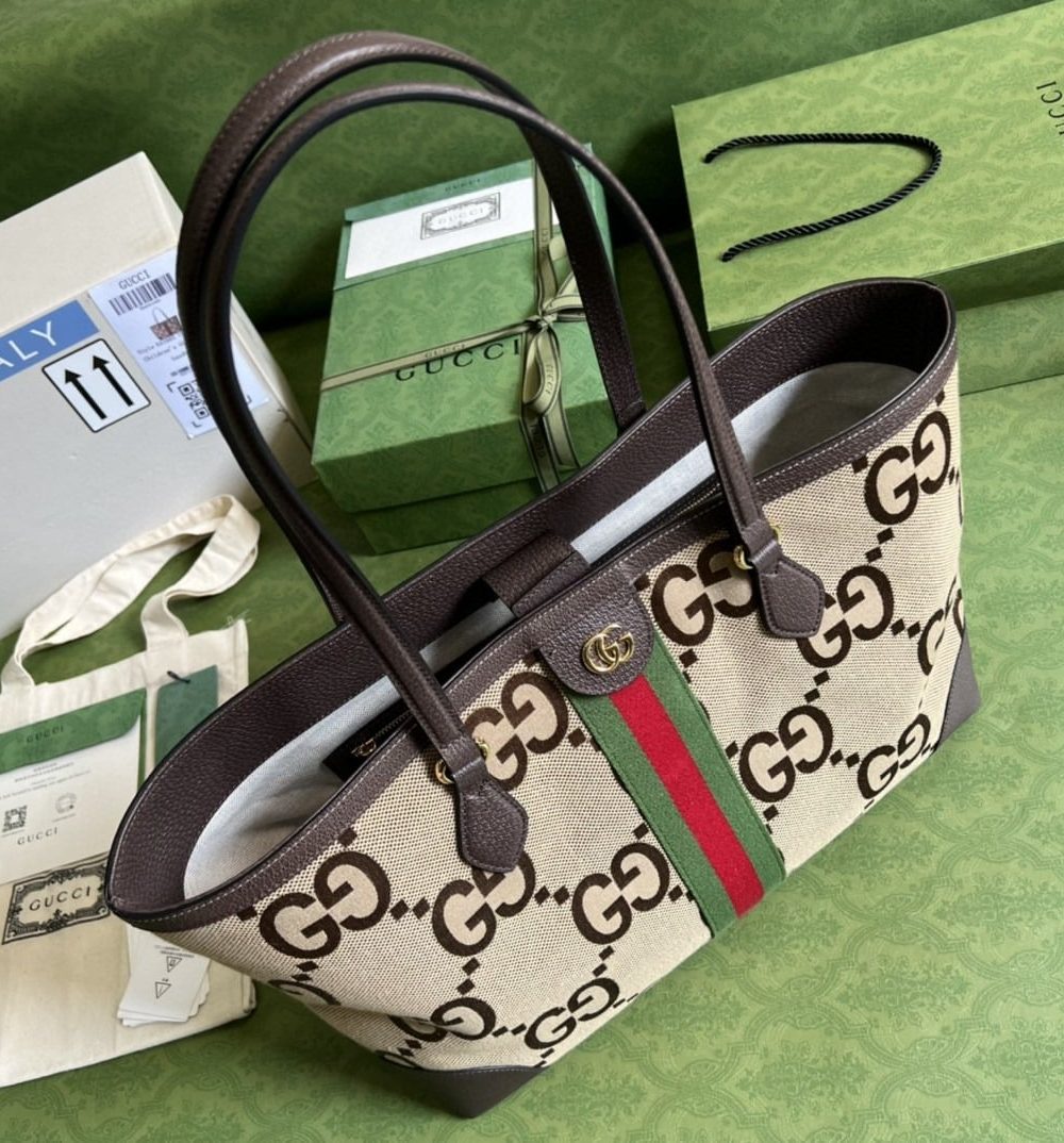 1:1 Replica Gucci Ophidia Jumbo GG Medium Tote Camel And Ebony Jumbo Canvas For Women 15in/38cm 631685 UKMDG 2570