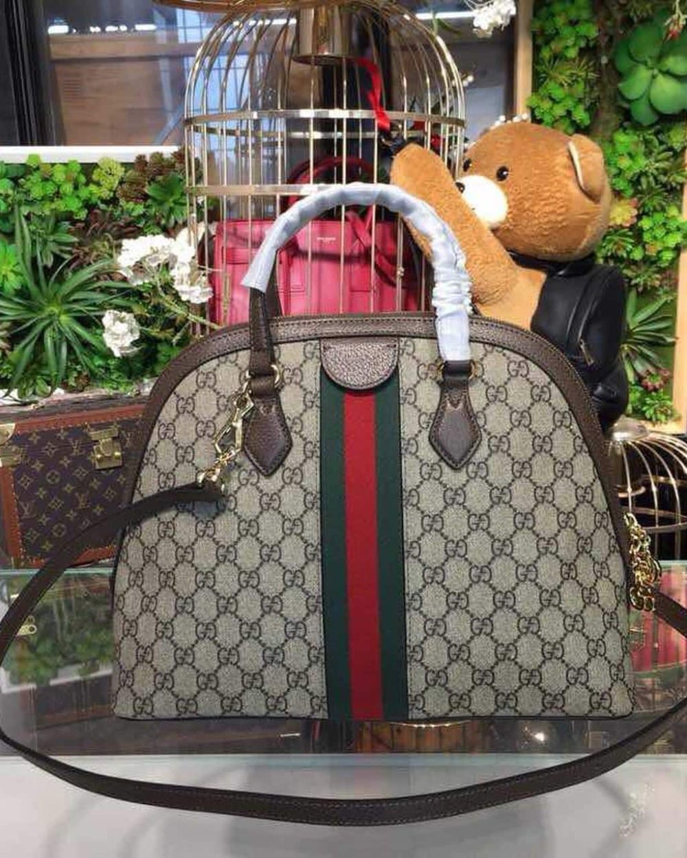 1:1 Replica Gucci Ophidia Medium Shoulder Bag Beige/Ebony GG Supreme Canvas For Women 13in/34cm 524533