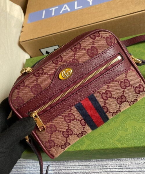 1:1 Replica Gucci Ophidia Mini GG Bag Beige And Burgundy GG Supreme Canvas For Women  7in/17.5cm GG 517350-9Y9MS-9864