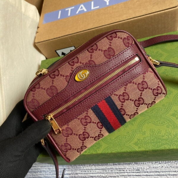 1:1 Replica Gucci Ophidia Mini GG Bag Beige And Burgundy GG Supreme Canvas For Women  7in/17.5cm GG 517350-9Y9MS-9864