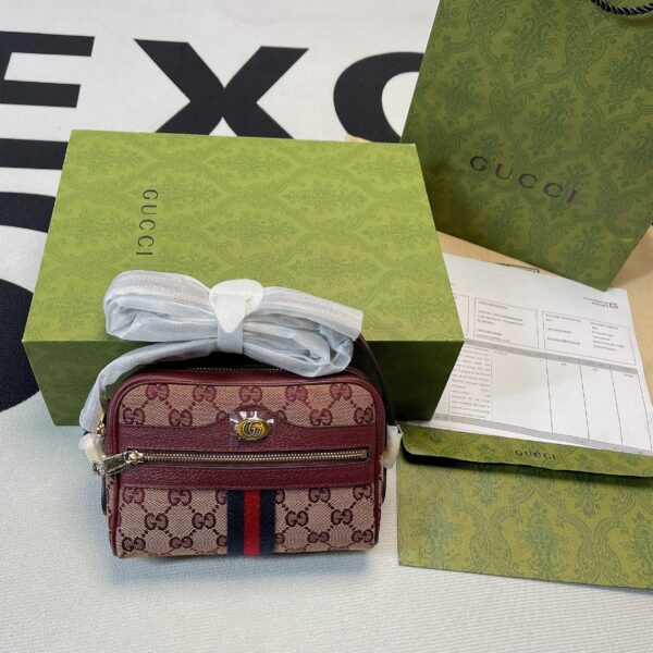 1:1 Replica Gucci Ophidia Mini GG Bag Beige And Burgundy GG Supreme Canvas For Women  7in/17.5cm GG 517350-9Y9MS-9864