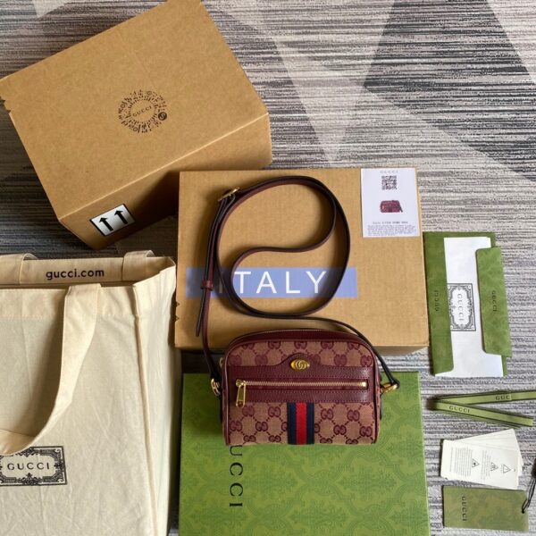 1:1 Replica Gucci Ophidia Mini GG Bag Beige And Burgundy GG Supreme Canvas For Women  7in/17.5cm GG 517350-9Y9MS-9864