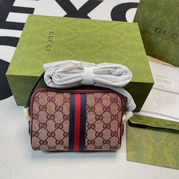 1:1 Replica Gucci Ophidia Mini GG Bag Beige And Burgundy GG Supreme Canvas For Women  7in/17.5cm GG 517350-9Y9MS-9864