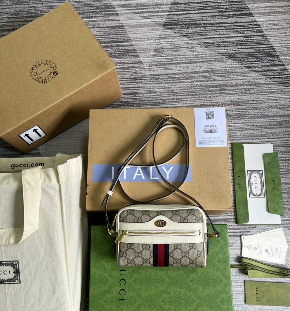1:1 Replica Gucci Ophidia Mini GG Bag Beige And Ebony GG Supreme Canvas, With White For Women  7in/17.5cm GG 517350 96IWS 9794