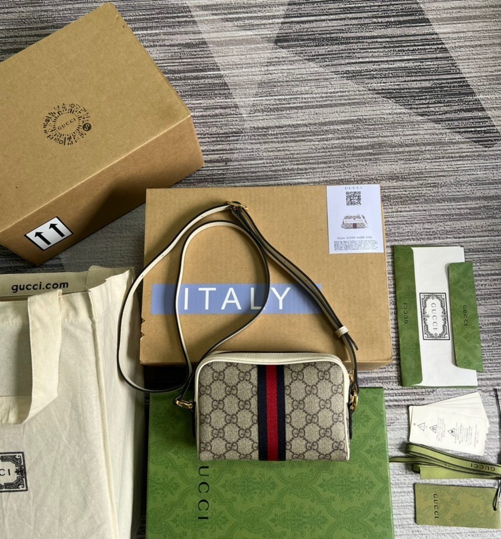 1:1 Replica Gucci Ophidia Mini GG Bag Beige And Ebony GG Supreme Canvas, With White For Women  7in/17.5cm GG 517350 96IWS 9794
