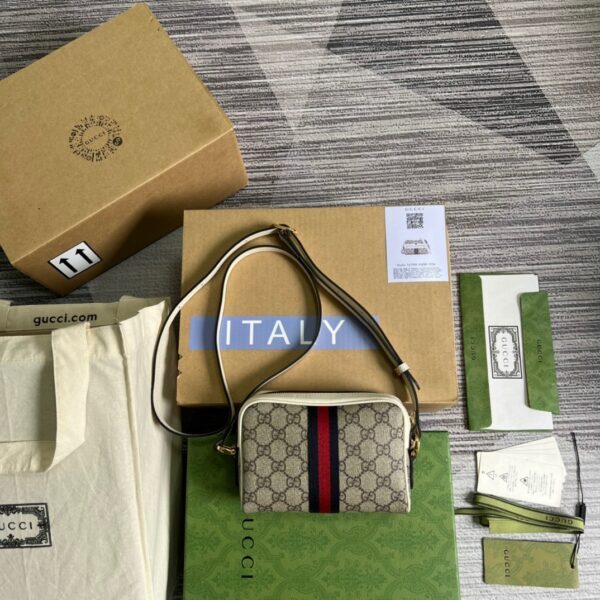 1:1 Replica Gucci Ophidia Mini GG Bag Beige And Ebony GG Supreme Canvas, With White For Women  7in/17.5cm GG 517350 96IWS 9794