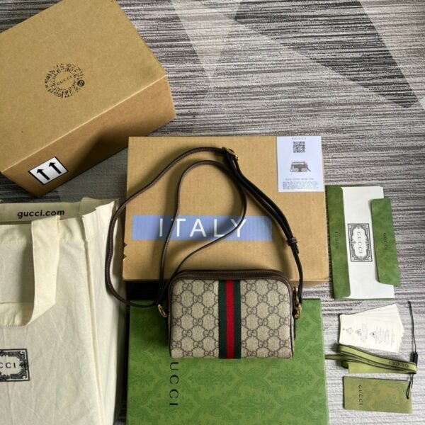 1:1 Replica Gucci Ophidia Mini GG Bag Beige/Ebony GG Supreme Canvas With Brown For Women  7in/17.5cm GG 517350 96IWS 8745