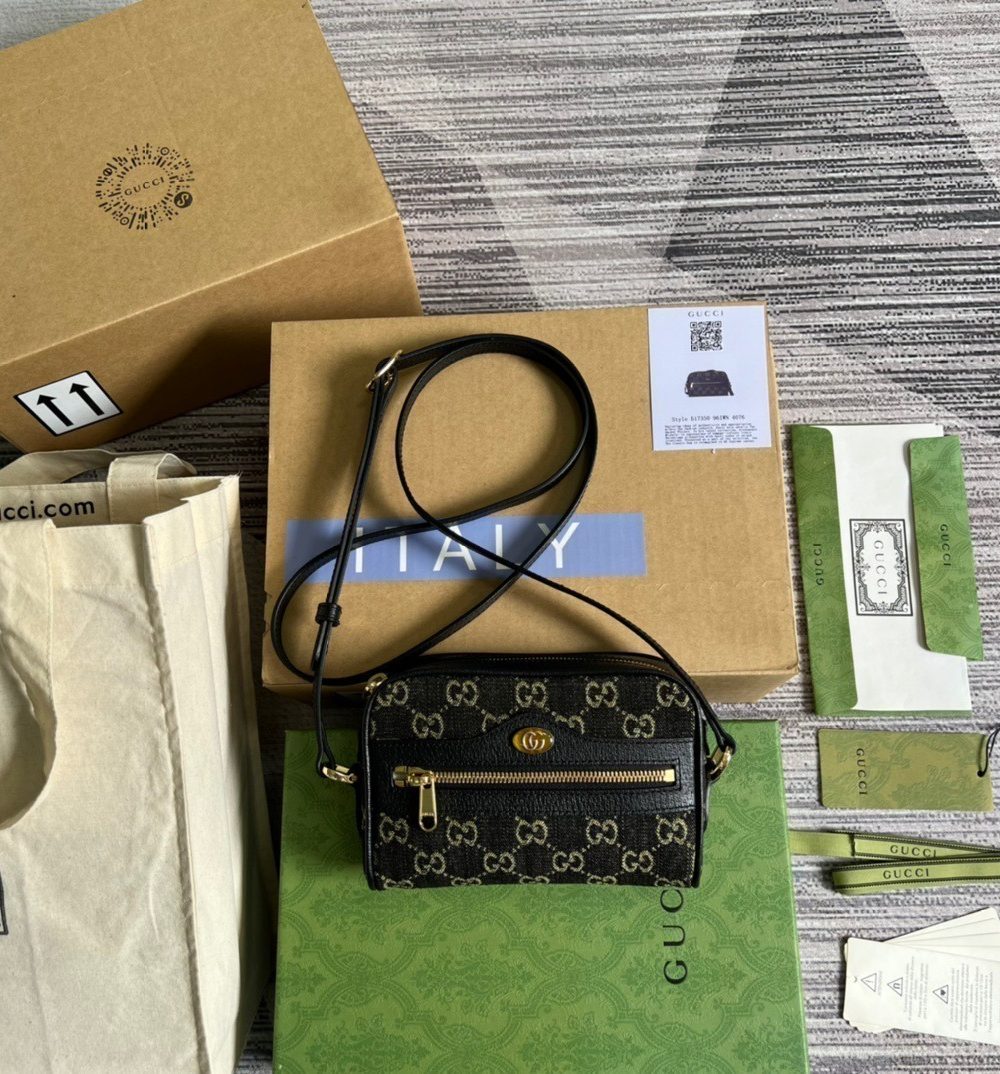 1:1 Replica Gucci Ophidia Mini GG Bag Black And Ivory GG Denim Jacquard For Women  7in/17.5cm GG 517350 UN3BG 1274