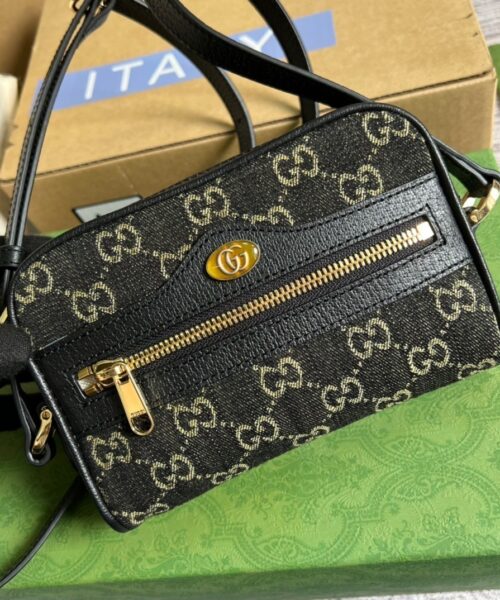 1:1 Replica Gucci Ophidia Mini GG Bag Black And Ivory GG Denim Jacquard For Women  7in/17.5cm GG 517350 UN3BG 1274