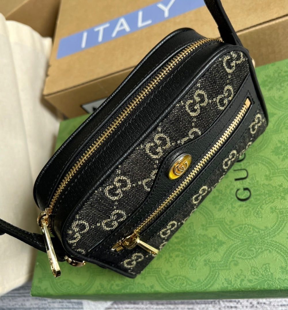 1:1 Replica Gucci Ophidia Mini GG Bag Black And Ivory GG Denim Jacquard For Women  7in/17.5cm GG 517350 UN3BG 1274
