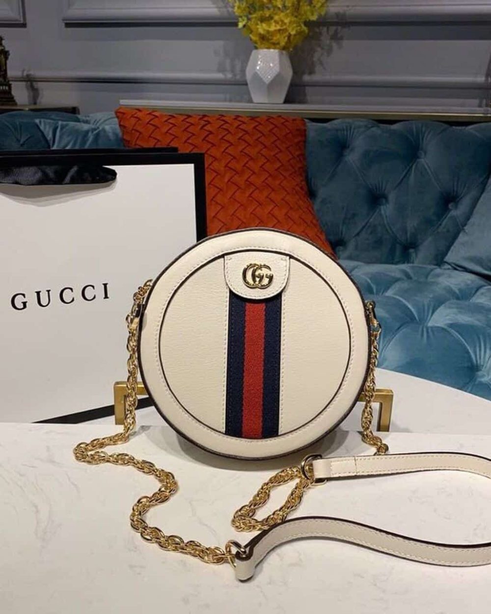 1:1 Replica Gucci Ophidia Mini GG Round Shoulder Bag White For Women 7in/18cm GG