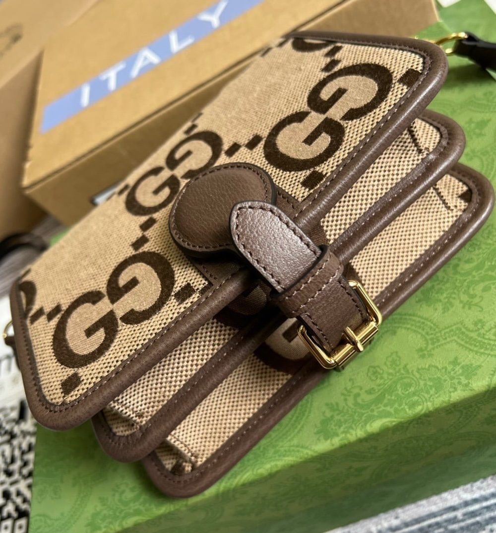 1:1 Replica Gucci Ophidia Mini Jumbo GG Bag Camel And Ebony Jumbo GG Canvas  For Men 4.7in/12cm GG