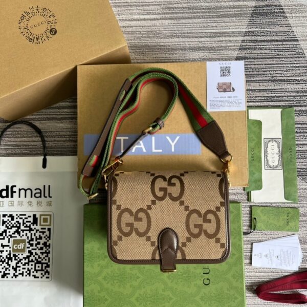 1:1 Replica Gucci Ophidia Mini Jumbo GG Bag Camel And Ebony Jumbo GG Canvas  For Men 4.7in/12cm GG