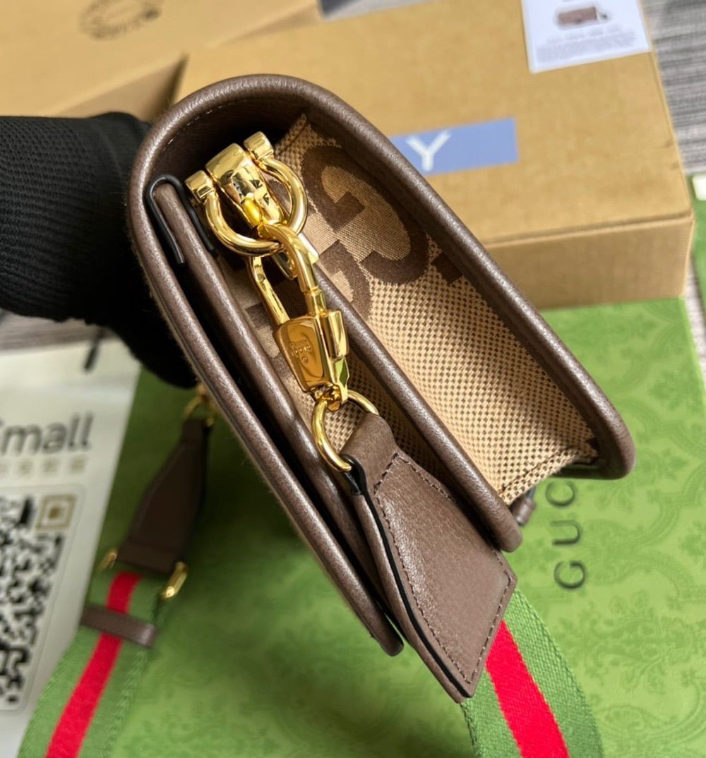 1:1 Replica Gucci Ophidia Mini Jumbo GG Bag Camel And Ebony Jumbo GG Canvas  For Men 4.7in/12cm GG