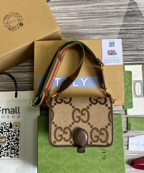 1:1 Replica Gucci Ophidia Mini Jumbo GG Bag Camel And Ebony Jumbo GG Canvas  For Men 4.7in/12cm GG