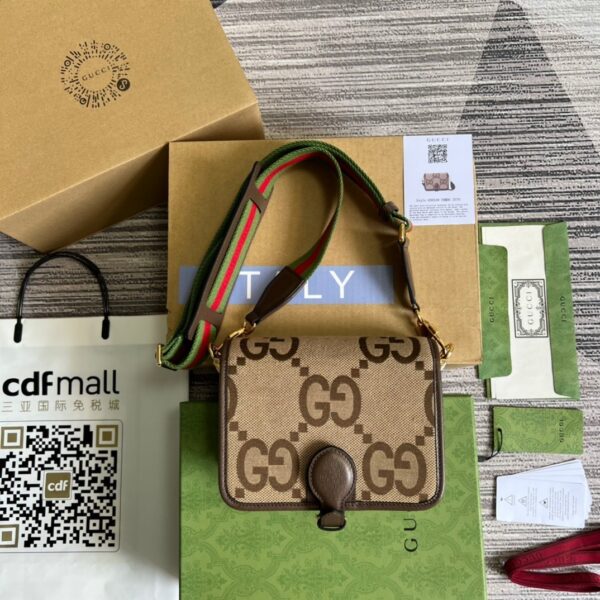 1:1 Replica Gucci Ophidia Mini Jumbo GG Bag Camel And Ebony Jumbo GG Canvas  For Men 4.7in/12cm GG