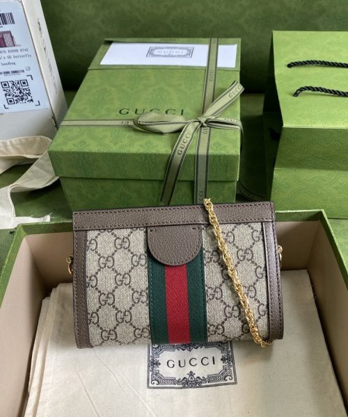 1:1 Replica Gucci Ophidia Mini Shoulder Bag Beige/Ebony GG Supreme Canvas Green And Red Web Detail Brown For Women 7.5in/19cm GG 602676 K05NB 8745