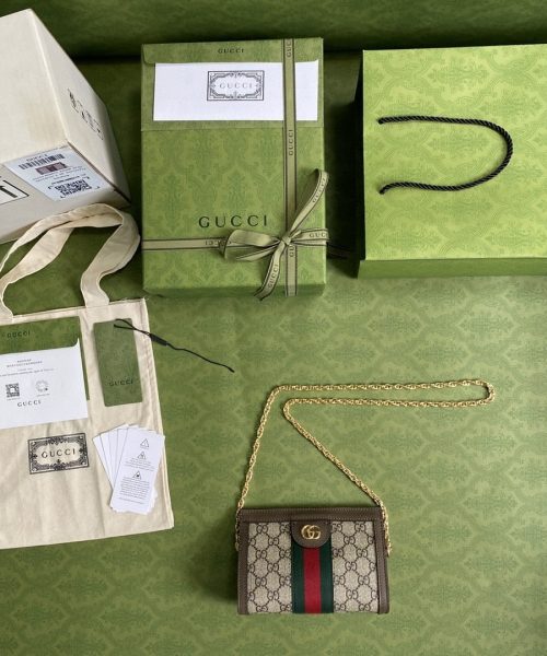 1:1 Replica Gucci Ophidia Mini Shoulder Bag Beige/Ebony GG Supreme Canvas Green And Red Web Detail Brown For Women 7.5in/19cm GG 602676 K05NB 8745