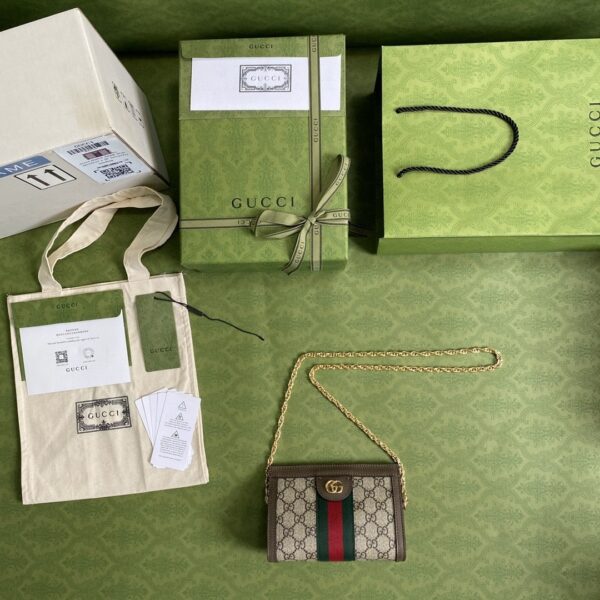 1:1 Replica Gucci Ophidia Mini Shoulder Bag Beige/Ebony GG Supreme Canvas Green And Red Web Detail Brown For Women 7.5in/19cm GG 602676 K05NB 8745