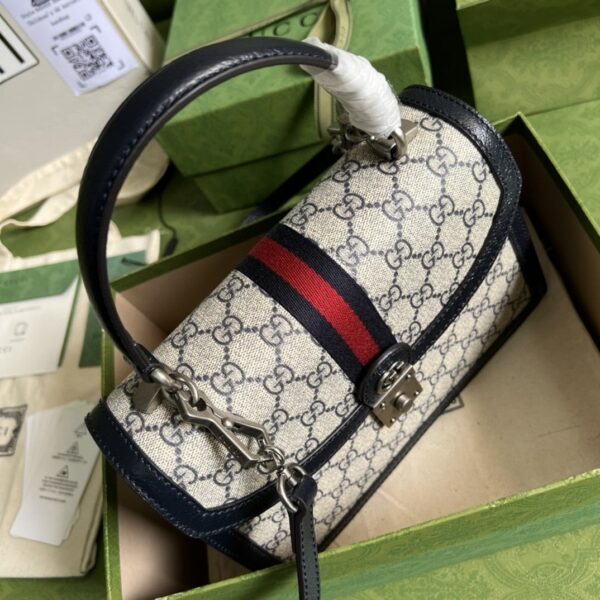 1:1 Replica Gucci Ophidia Small Top Handle Bag Beige And Blue GG Supreme Canvas  For Women 10in/25cm 651055 96IWN 4076