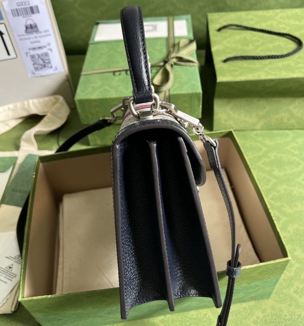 1:1 Replica Gucci Ophidia Small Top Handle Bag Beige And Blue GG Supreme Canvas  For Women 10in/25cm 651055 96IWN 4076