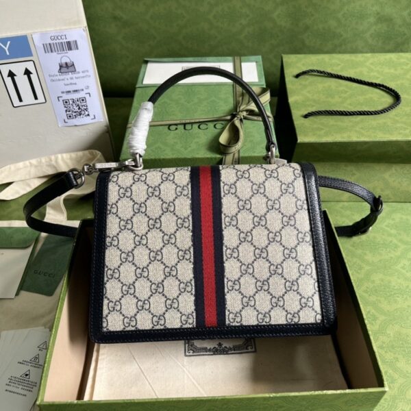 1:1 Replica Gucci Ophidia Small Top Handle Bag Beige And Blue GG Supreme Canvas  For Women 10in/25cm 651055 96IWN 4076
