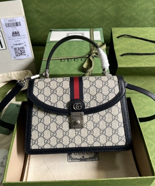 1:1 Replica Gucci Ophidia Small Top Handle Bag Beige And Blue GG Supreme Canvas  For Women 10in/25cm 651055 96IWN 4076