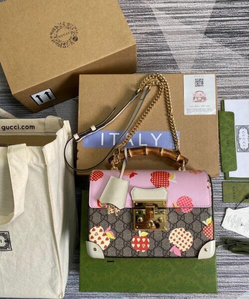 1:1 Replica Gucci Padlock GG Small amboo Strawberry Shoulder Bag Beige For Women, Women's Bags 9.5in/24cm GG