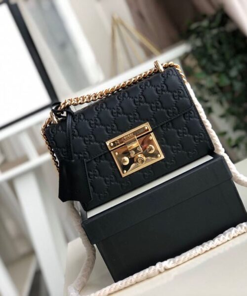 1:1 Replica Gucci Padlock Small Gucci Signature Shoulder Bag Black Gucci Signature For Women 7.9in/20cm GG 409487 CWC1G 1000