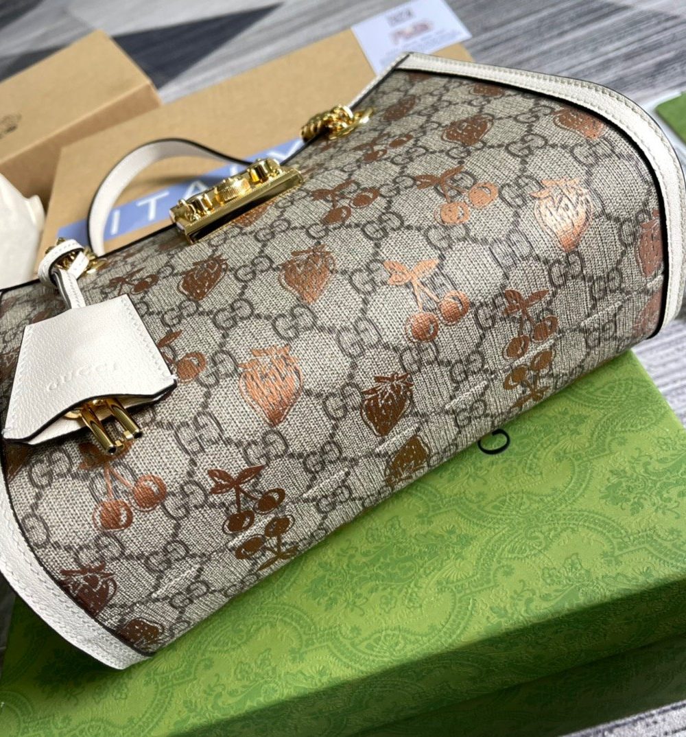1:1 Replica Gucci Padlock Small Gucci Strawberry Shoulder Bag Beige For Women, Women's Bags 10in/26cm GG