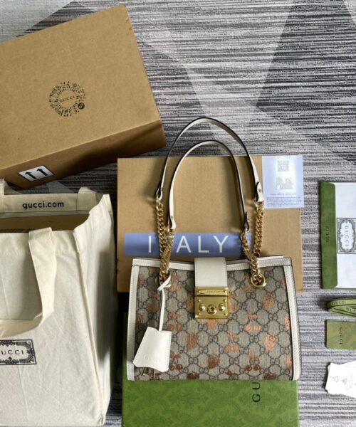 1:1 Replica Gucci Padlock Small Gucci Strawberry Shoulder Bag Beige For Women, Women's Bags 10in/26cm GG