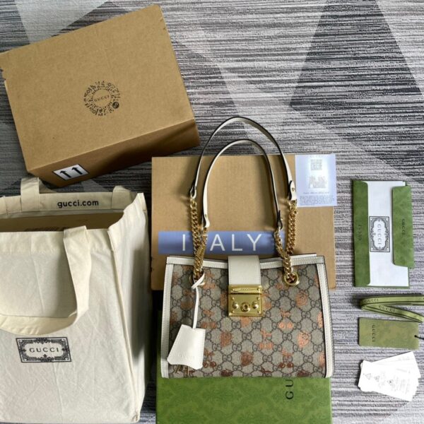 1:1 Replica Gucci Padlock Small Gucci Strawberry Shoulder Bag Beige For Women, Women's Bags 10in/26cm GG