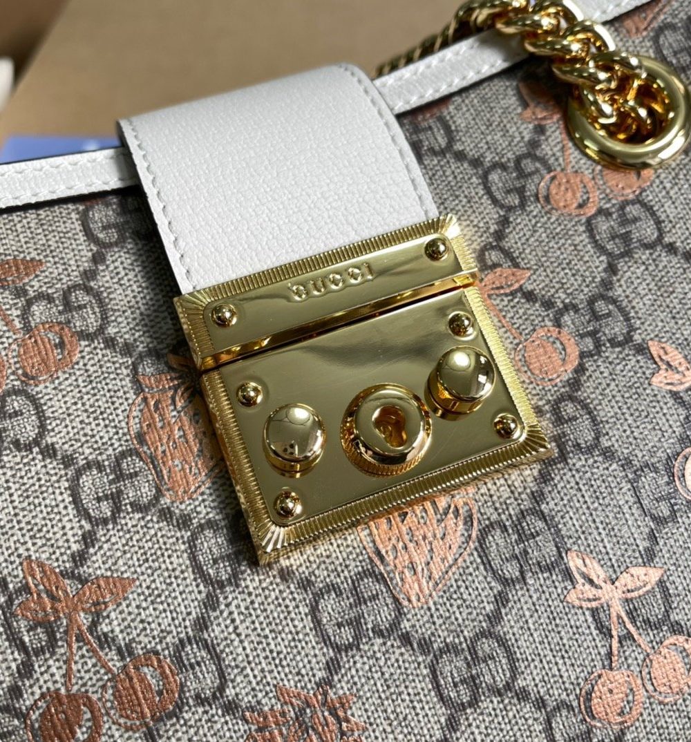 1:1 Replica Gucci Padlock Small Gucci Strawberry Shoulder Bag Beige For Women, Women's Bags 10in/26cm GG