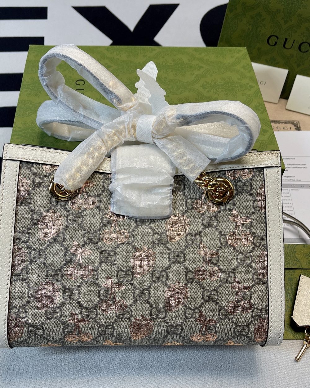 1:1 Replica Gucci Padlock Small Gucci Strawberry Shoulder Bag Beige For Women, Women's Bags 10in/26cm GG